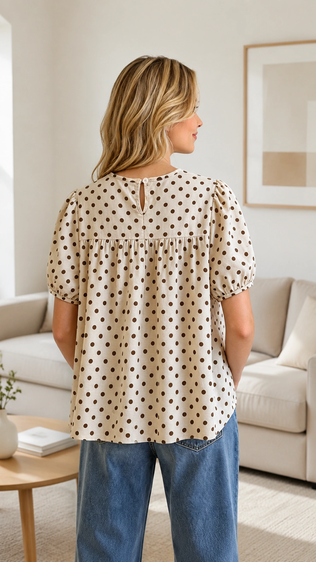 Women’s Apricot Polka Dot Puff Sleeve Blouse – Feminine Smocked Summer Top