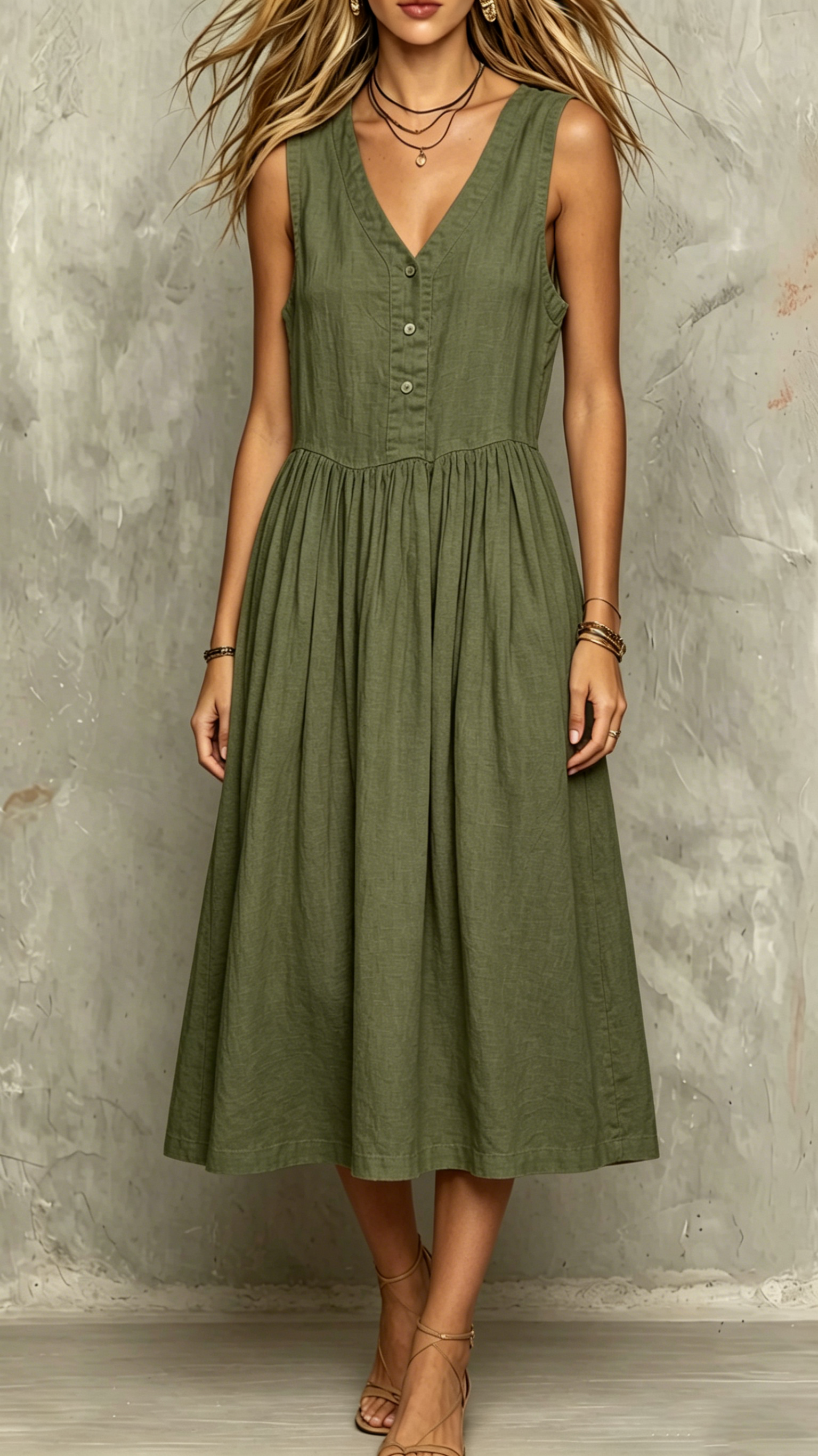 Women's V-Neck Literary-Style Suspender Dress—Sleeveless Linen Dress