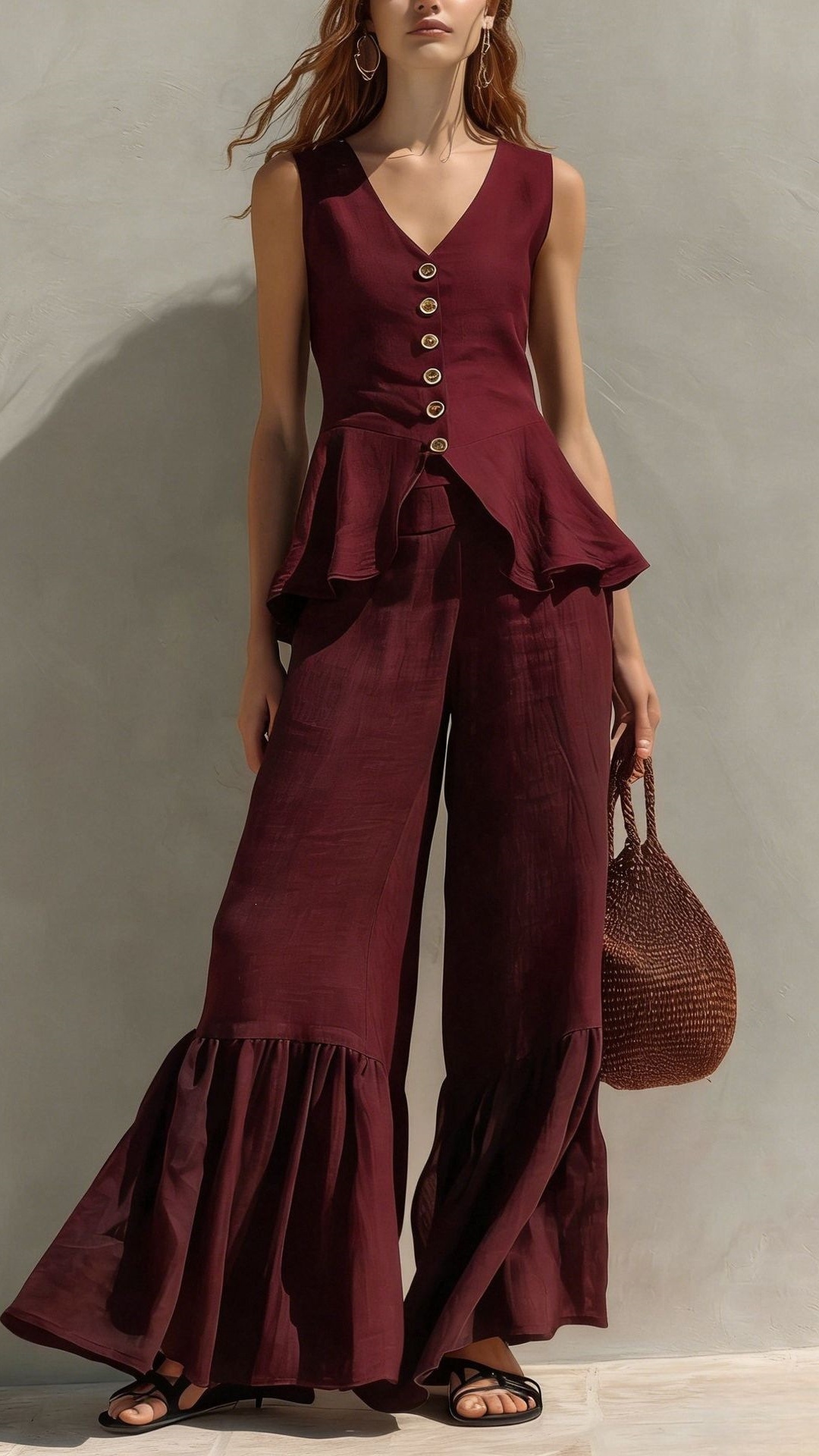 Women's V-Neck Button-Front Top & Linen Ruffled Wide-Leg Pants