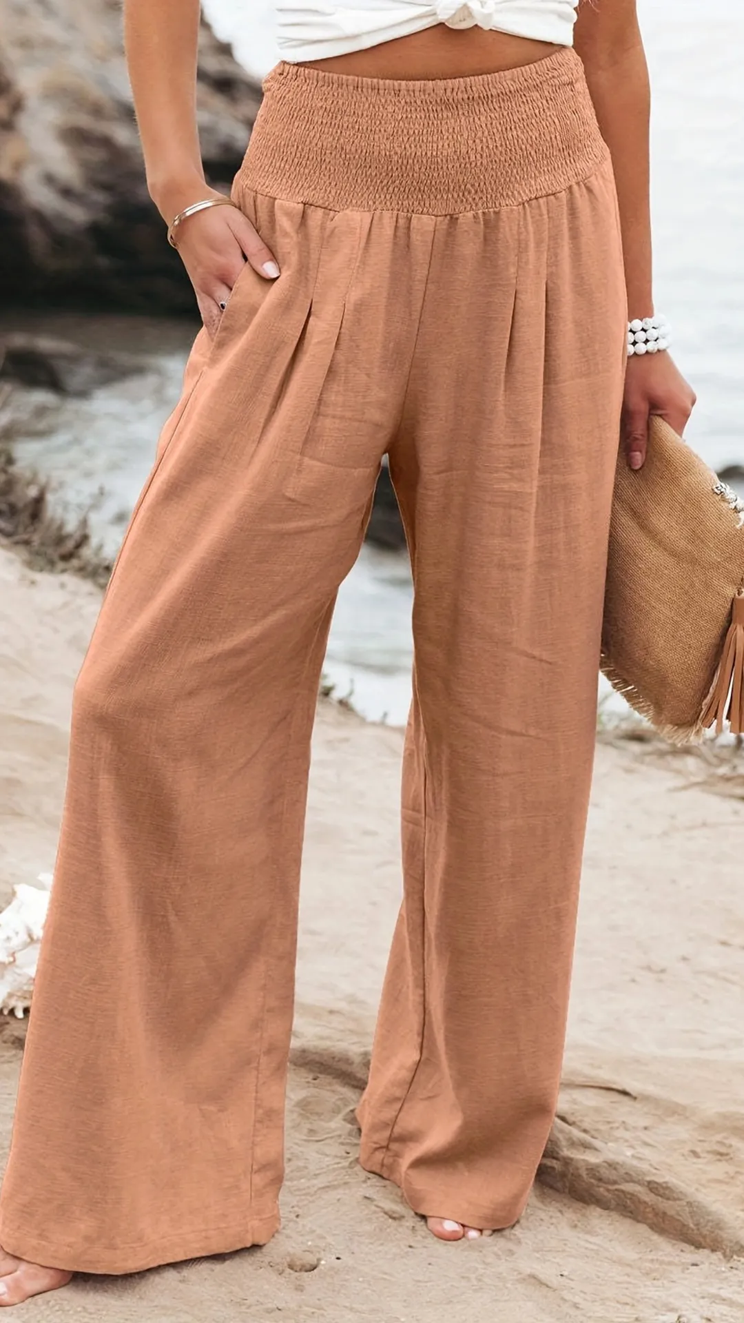 Women's Cotton Blend Smocked High Waist Wide Leg Pants