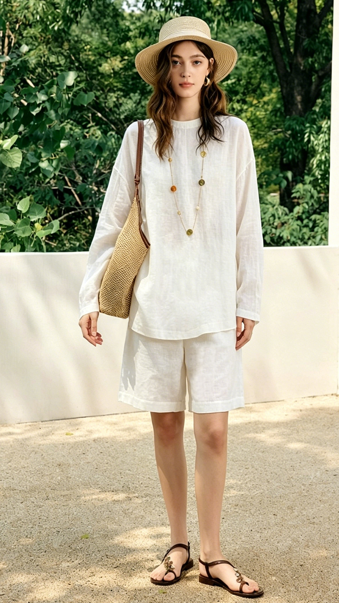 Linen relaxed-fit breathable long sleeve T-shirt set with shorts casual lounge two-piece set