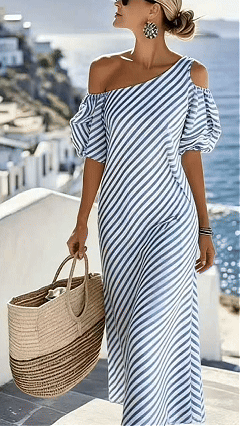 Elegant striped off-shoulder beach dress for women