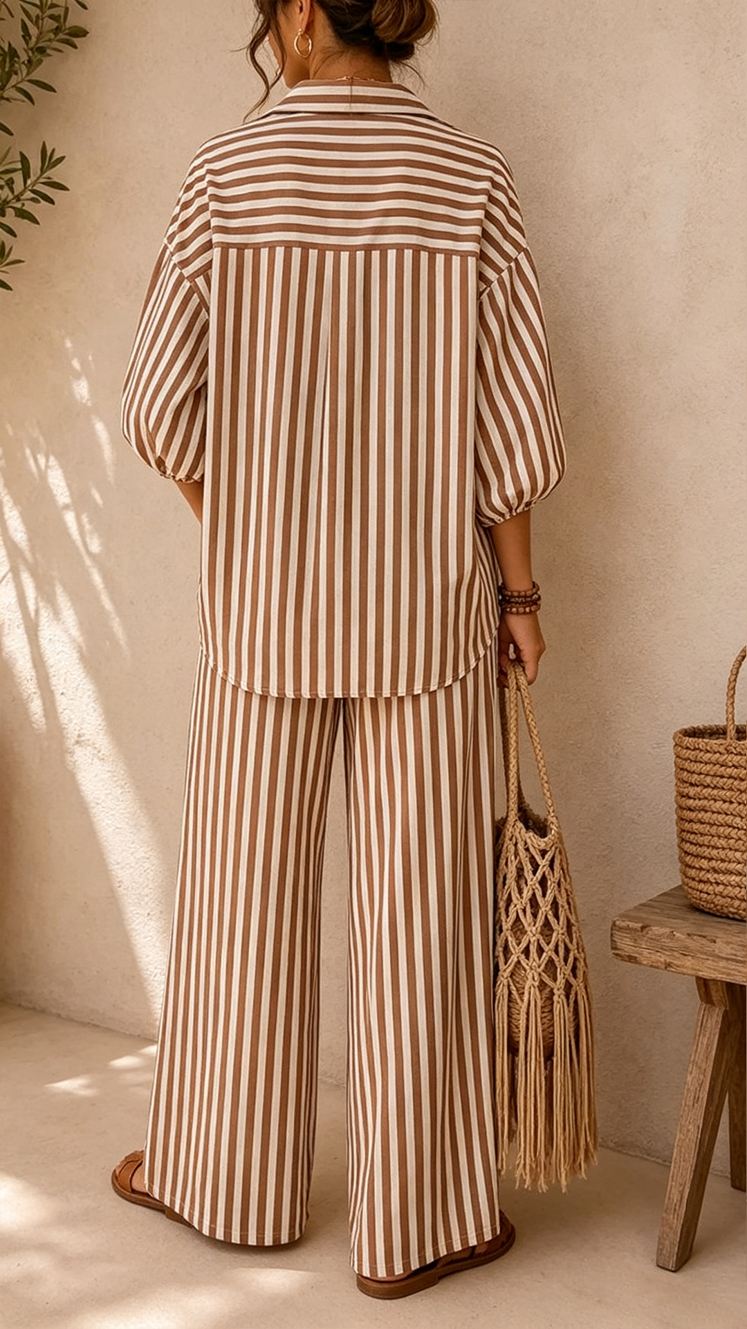 Women's Striped Cotton-Blend Shirt & Wide-Leg Pants Two-Piece Set