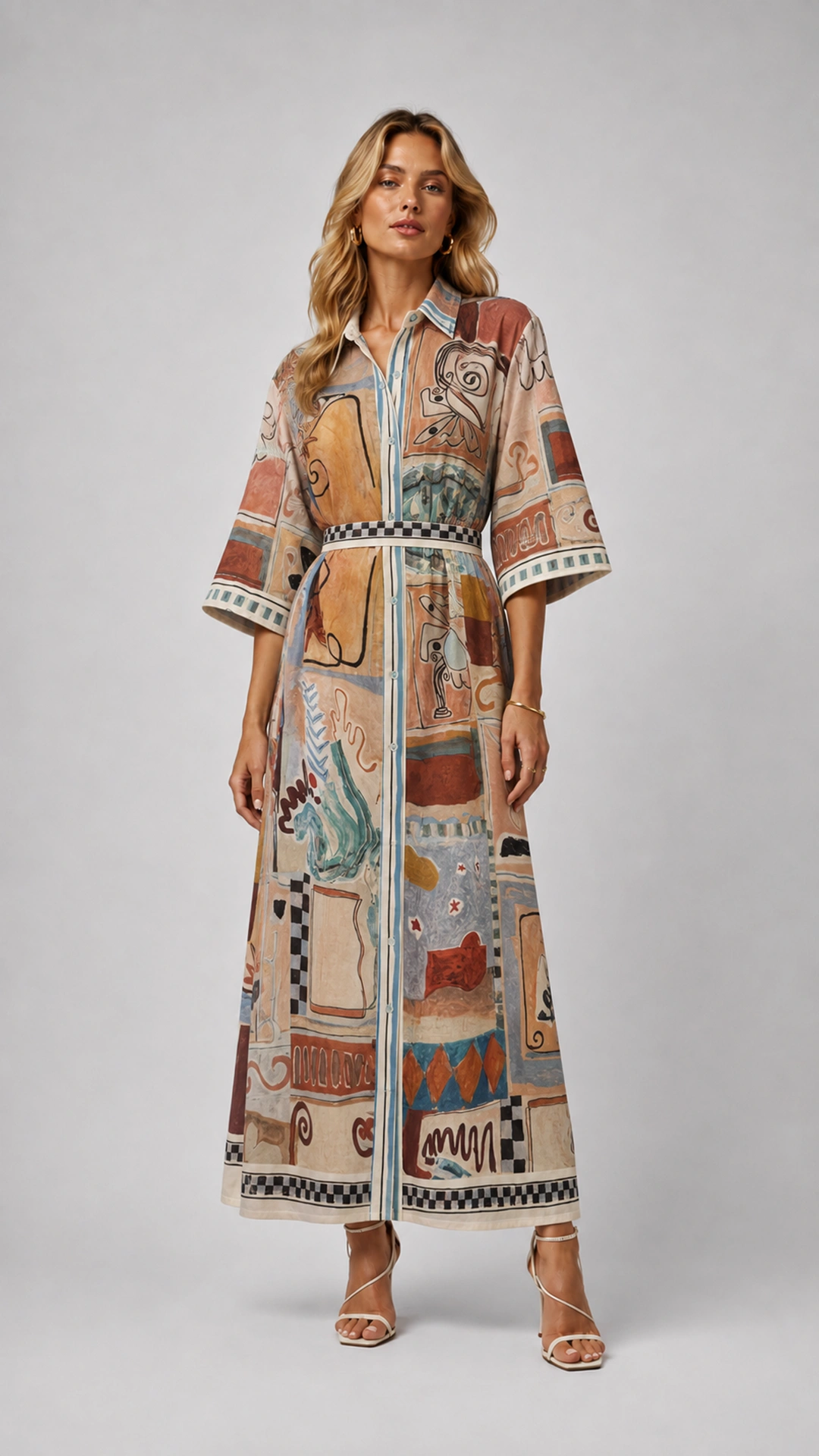 Coastal Print Maxi Dress with Belted Waist