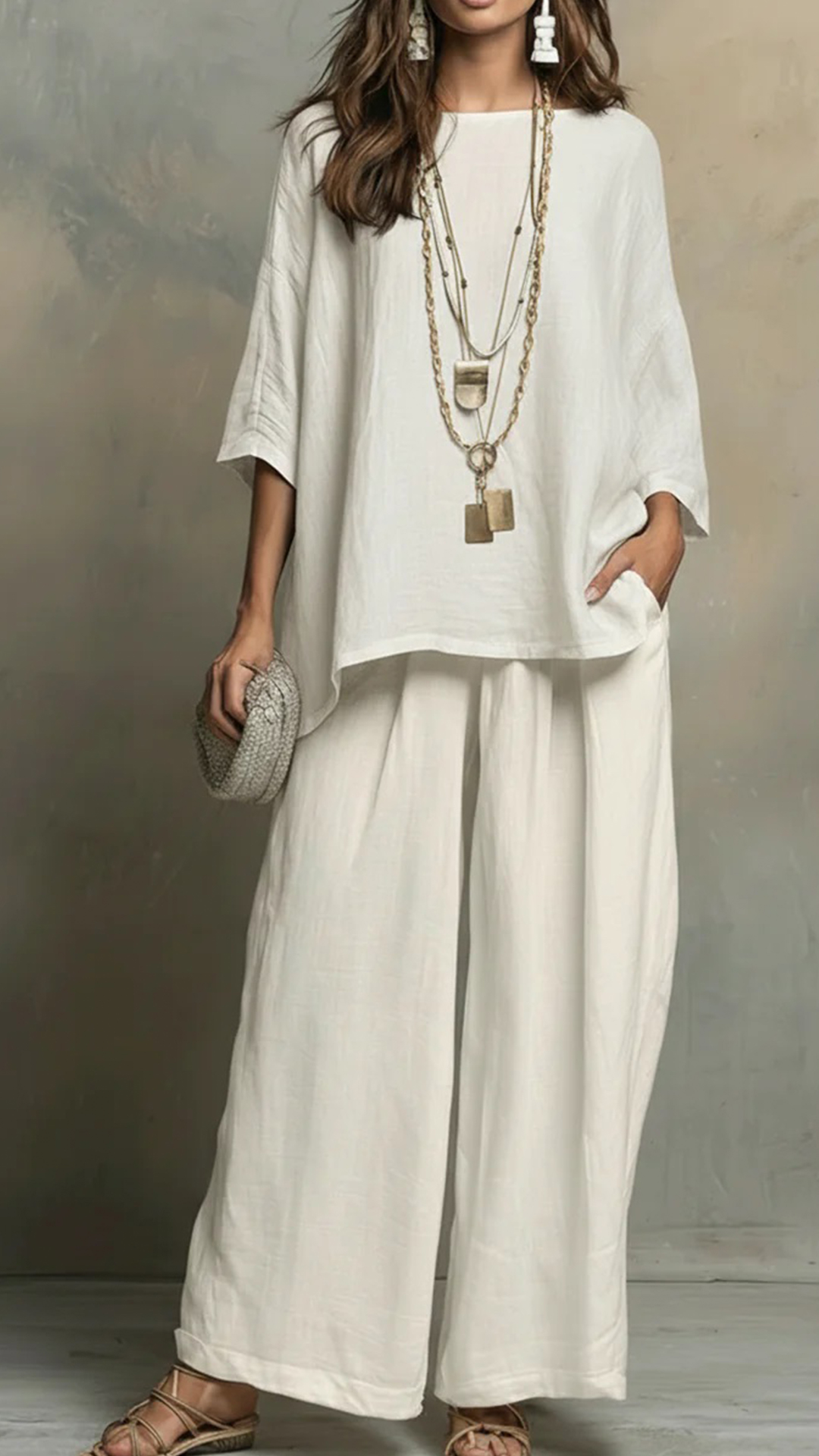 Women's loose-fit linen-blend top and wide-leg trousers set