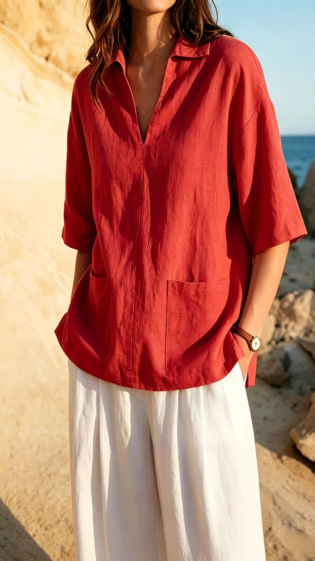Women's Khaki Collared Mid-sleeve Cotton-blend Blouse