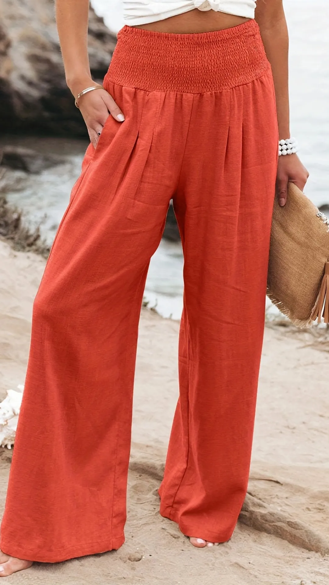 Women's Cotton Blend Smocked High Waist Wide Leg Pants