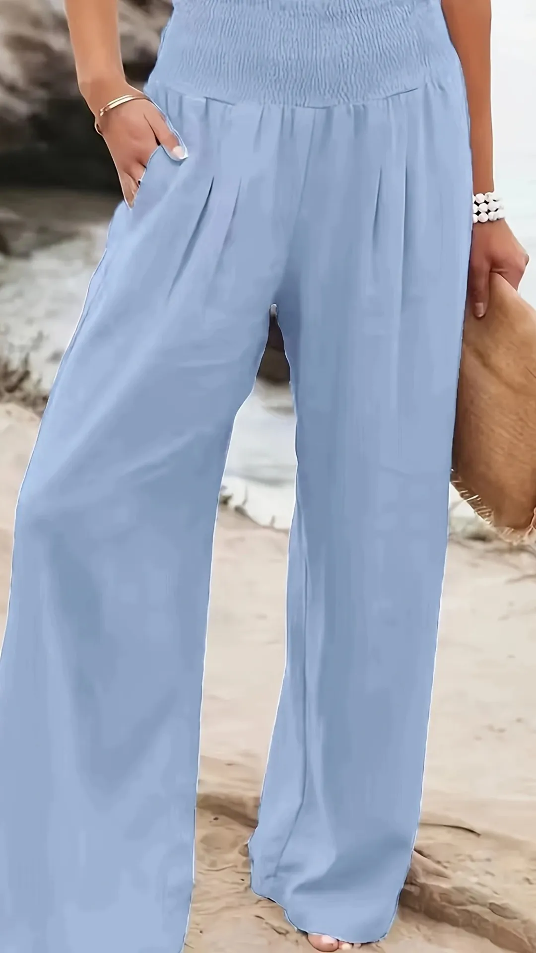Women's Cotton Blend Smocked High Waist Wide Leg Pants
