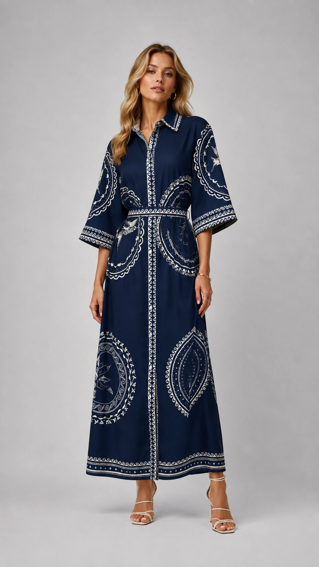 Coastal Print Maxi Dress with Belted Waist