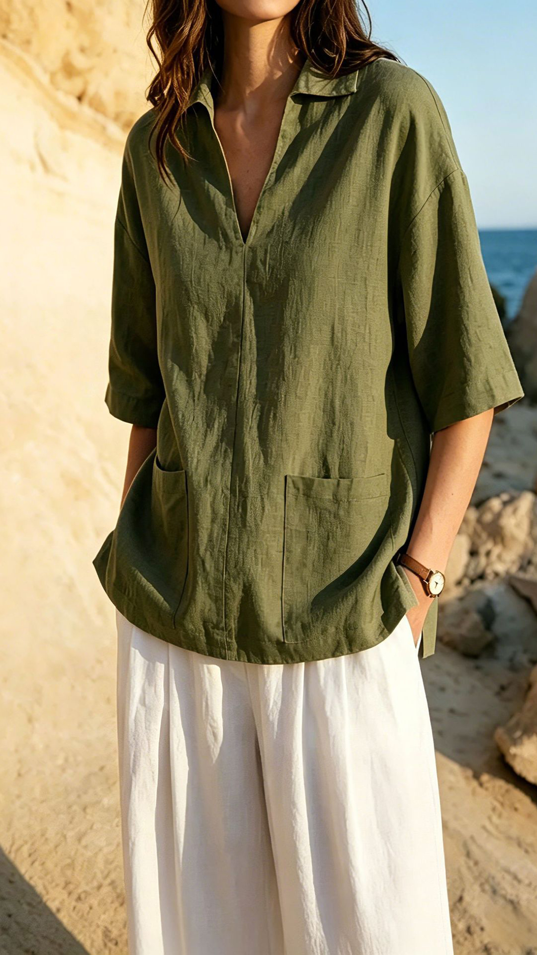 Women's Khaki Collared Mid-sleeve Cotton-blend Blouse
