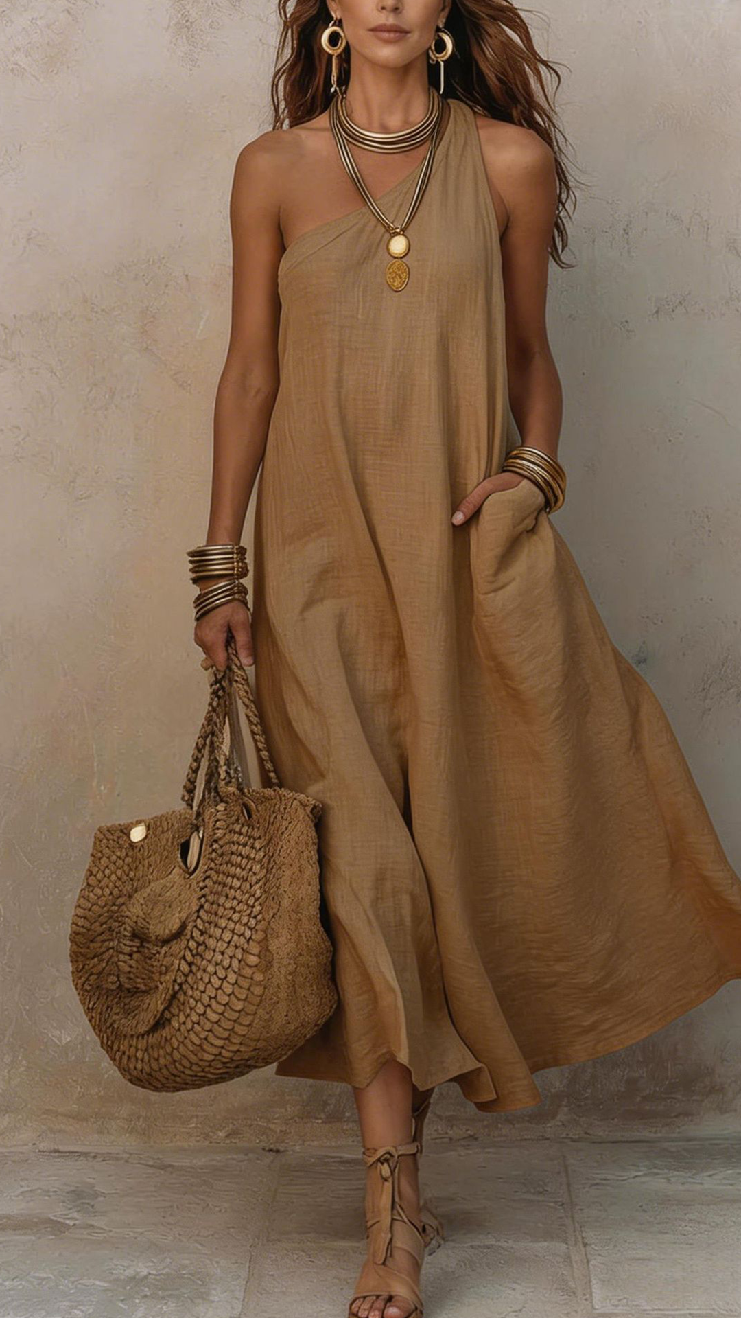 Women's Cotton-Blend One-Shoulder Casual Maxi Dress