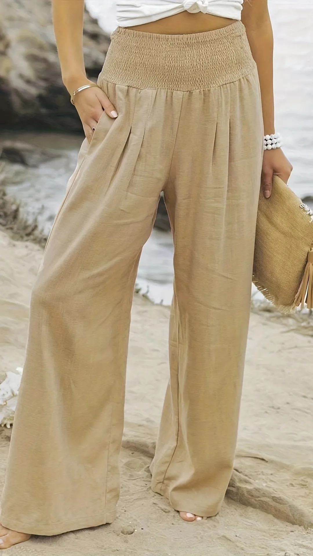 Women's Cotton Blend Smocked High Waist Wide Leg Pants