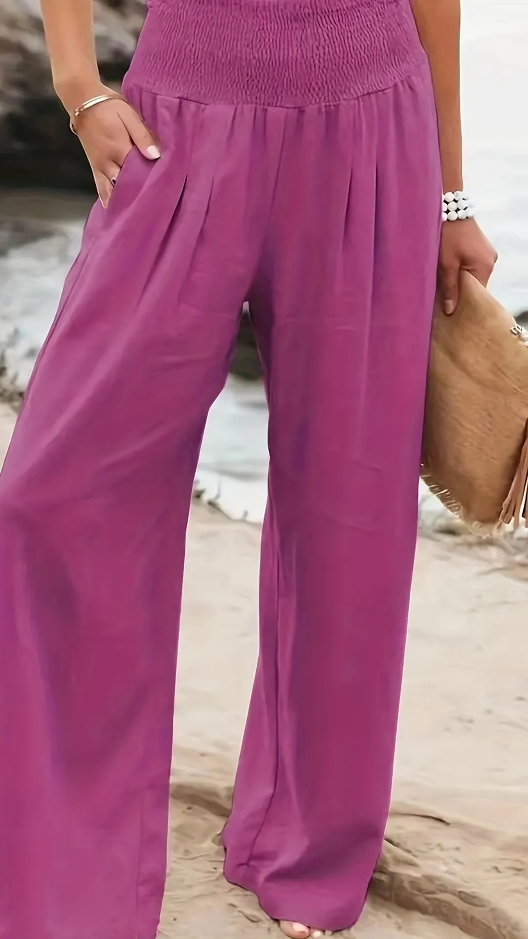 Women's Cotton Blend Smocked High Waist Wide Leg Pants
