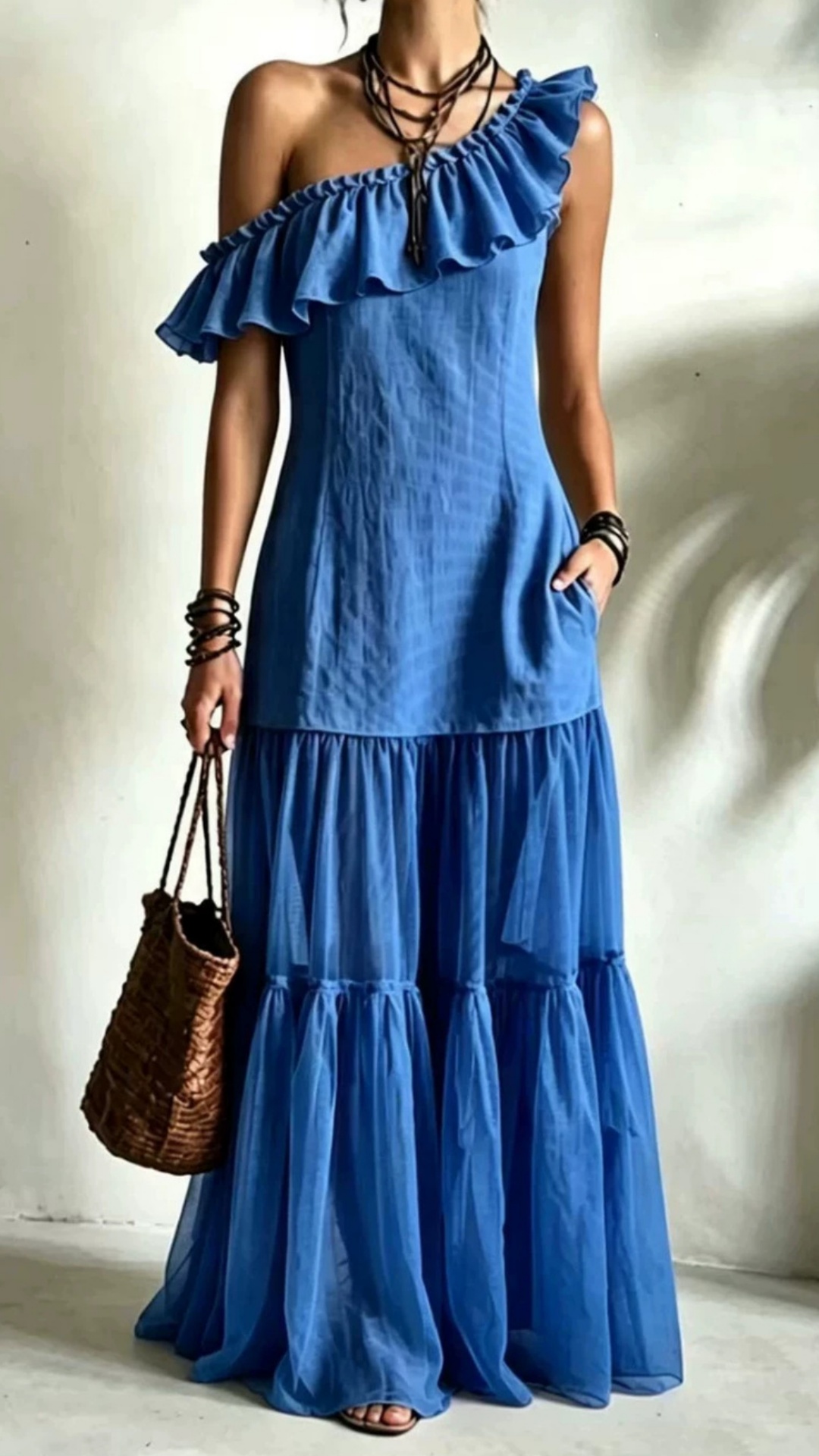 Women's Sleeveless Asymmetrical-Neck Dress with Ruffle Splicing