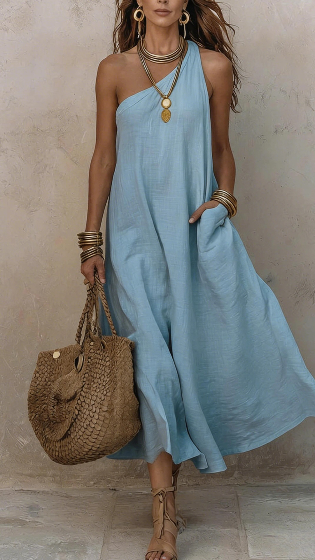Women's Cotton-Blend One-Shoulder Casual Maxi Dress