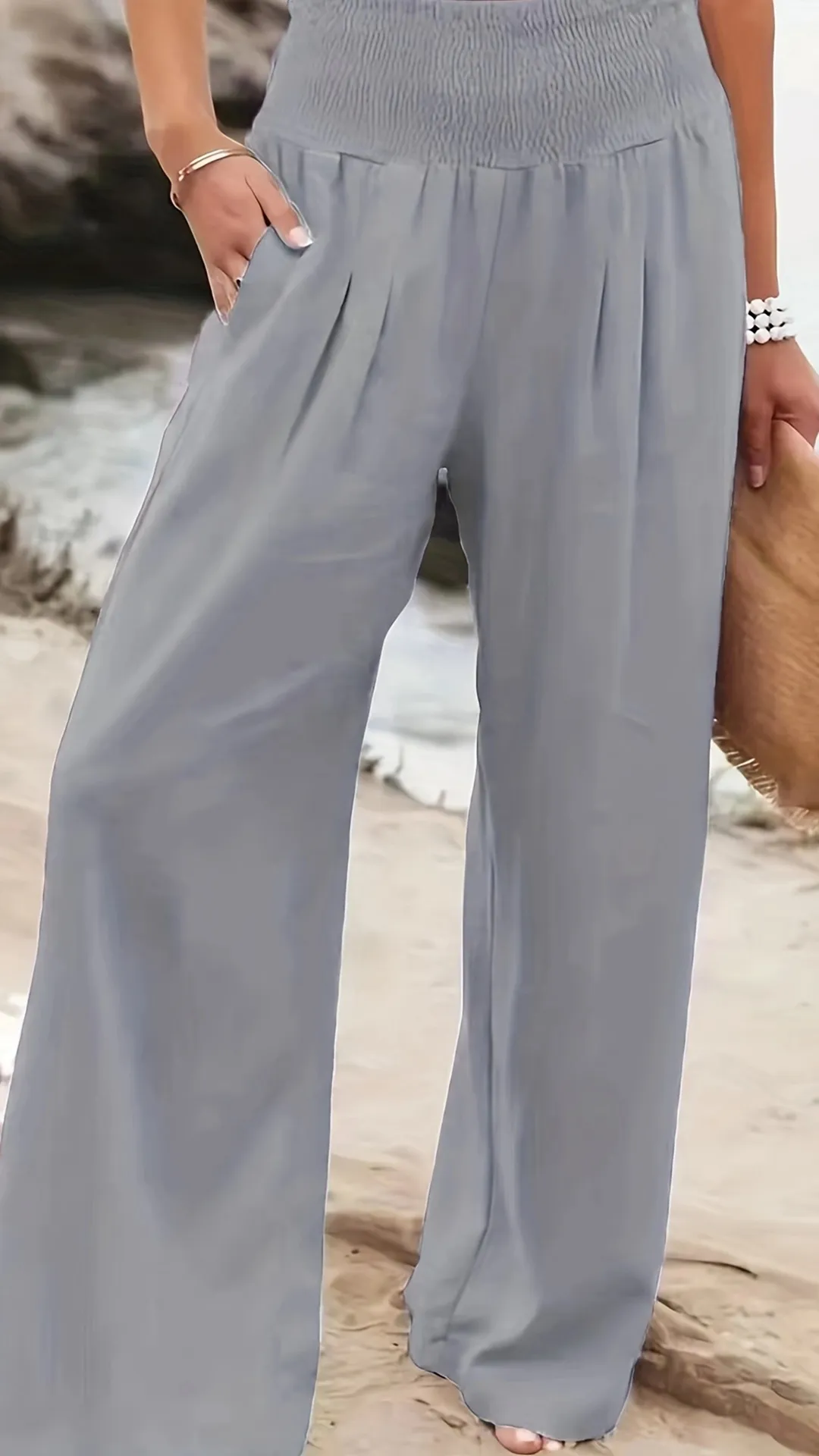 Women's Cotton Blend Smocked High Waist Wide Leg Pants