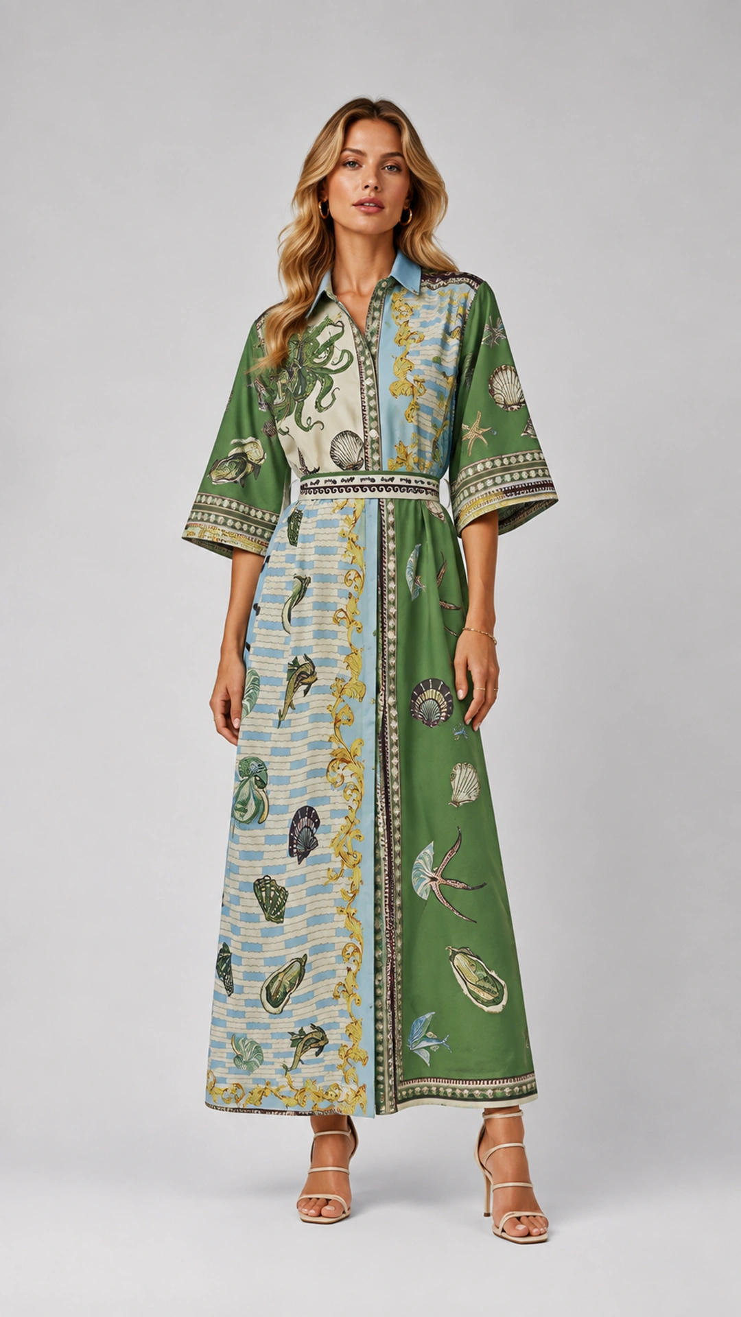 Coastal Print Maxi Dress with Belted Waist