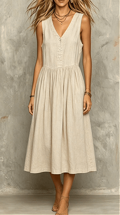 Women's V-Neck Literary-Style Suspender Dress—Sleeveless Linen Dress