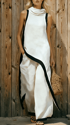 Artistic Cut Trim Elegant Linen Cotton Two-piece Set
