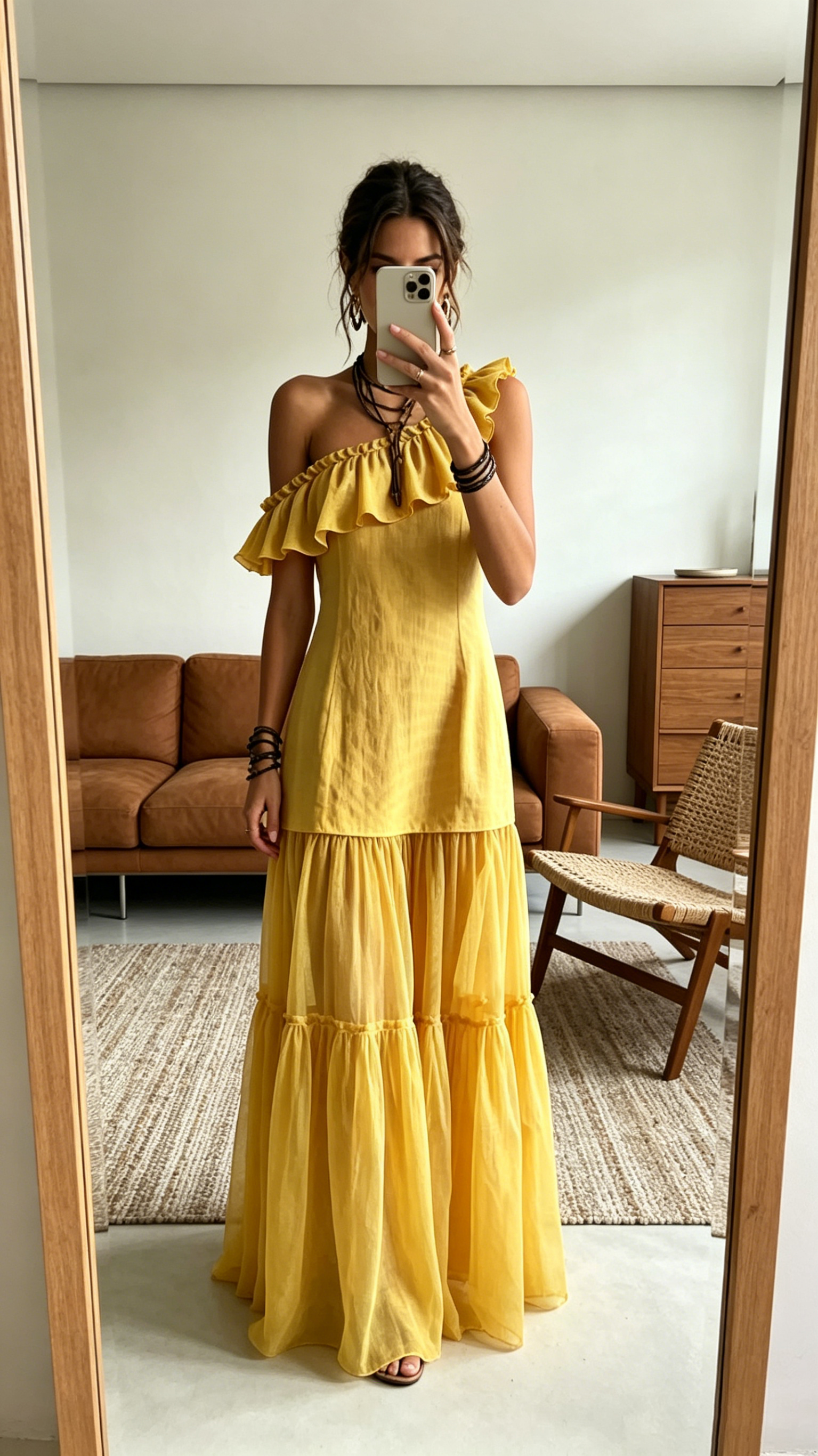 Women's Sleeveless Asymmetrical-Neck Dress with Ruffle Splicing
