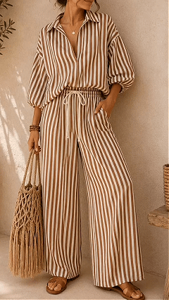Women's Striped Cotton-Blend Shirt & Wide-Leg Pants Two-Piece Set