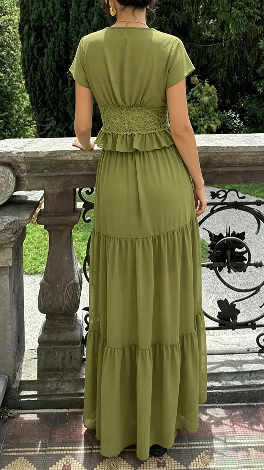 Women's French Olive Green Lace 2 Piece Outfit, Deep V Cropped Top Tiered Maxi Skirt Vacation Set