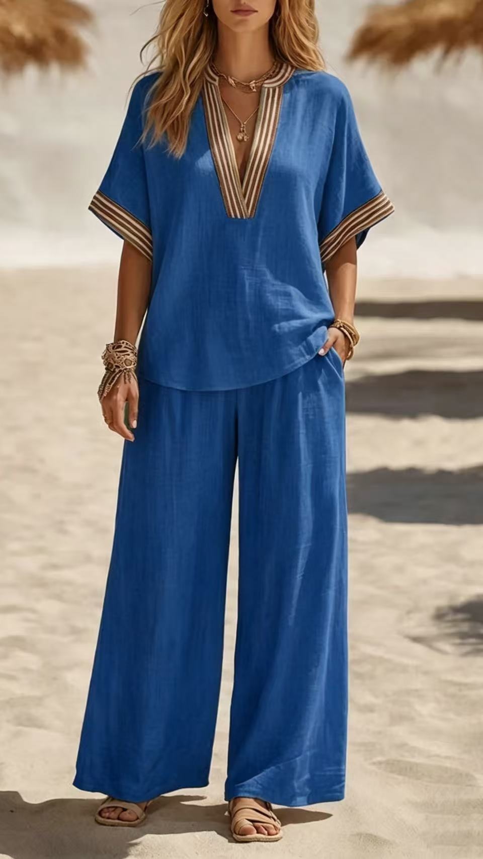 Women's Sleeveless Solid-Color Top and Wide-Leg Pants Two-Piece Set