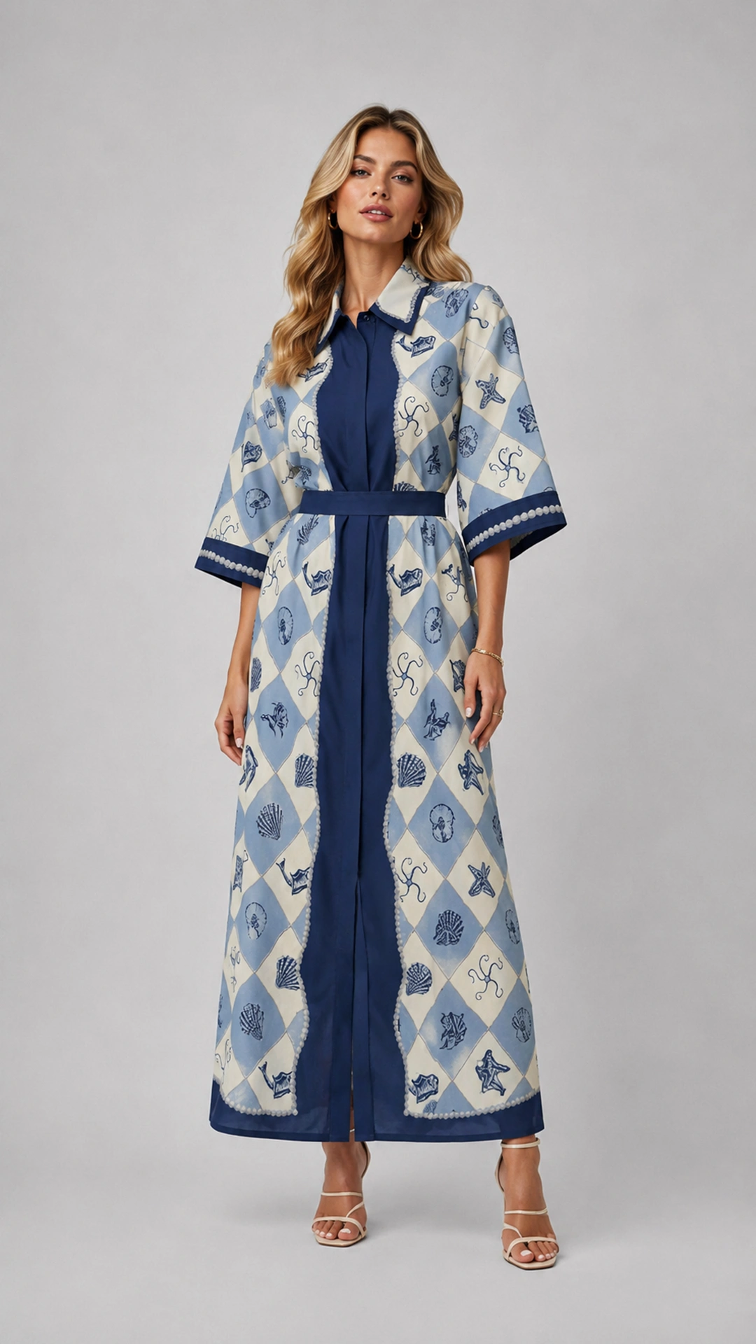 Coastal Print Maxi Dress with Belted Waist