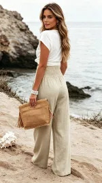 Women's Cotton Blend Smocked High Waist Wide Leg Pants
