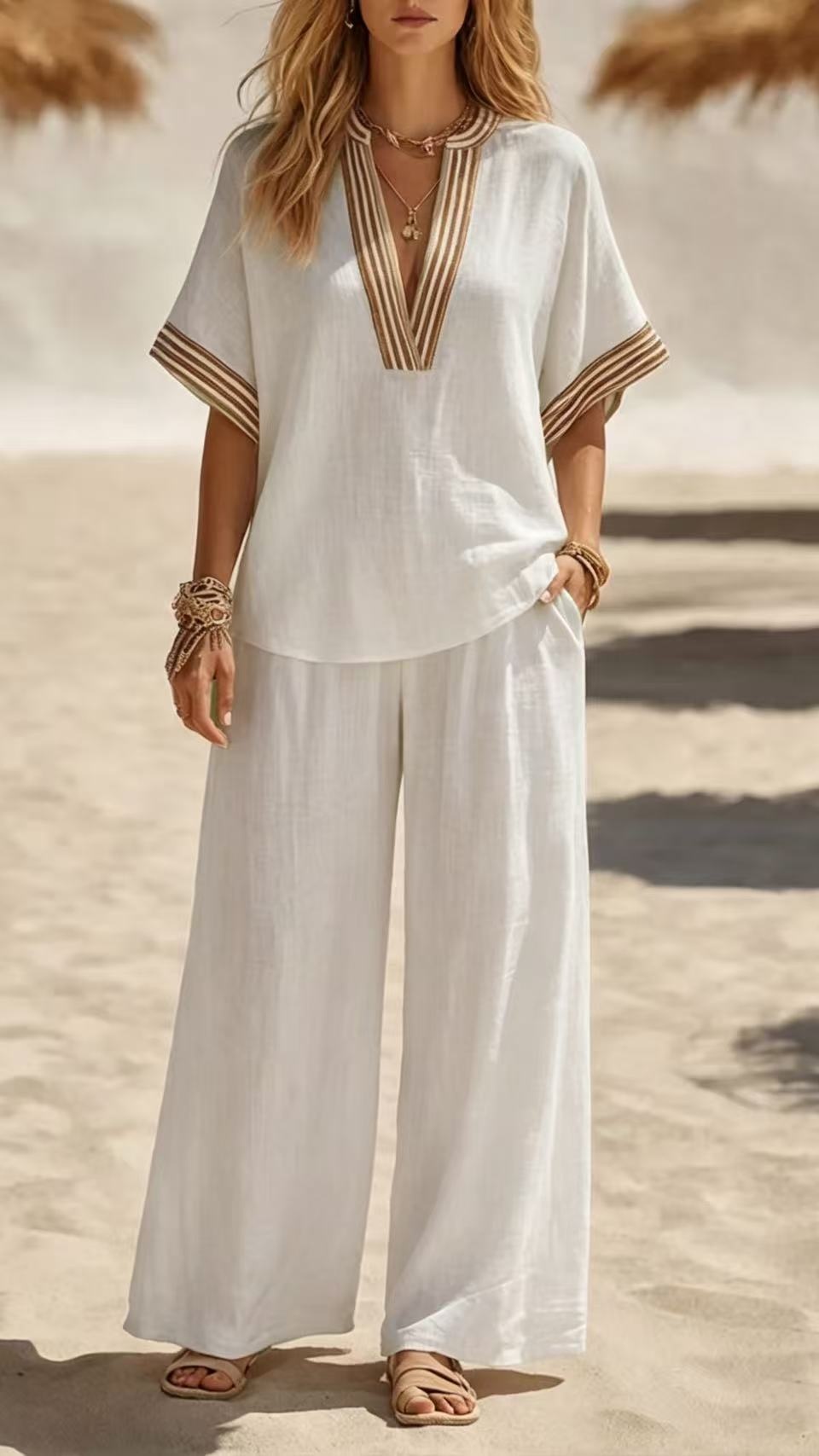 Women's Sleeveless Solid-Color Top and Wide-Leg Pants Two-Piece Set