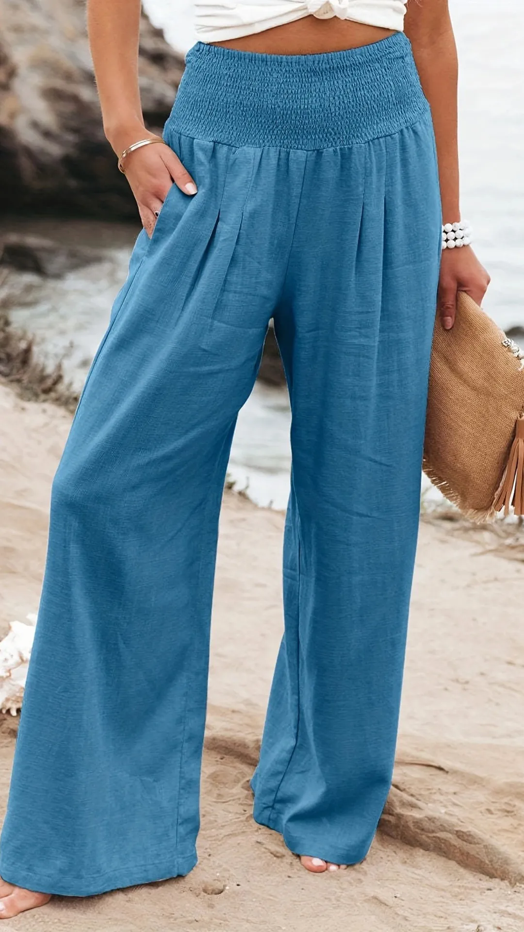 Women's Cotton Blend Smocked High Waist Wide Leg Pants
