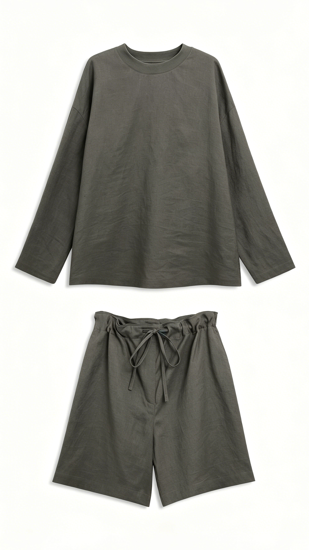 Linen relaxed-fit breathable long sleeve T-shirt set with shorts casual lounge two-piece set