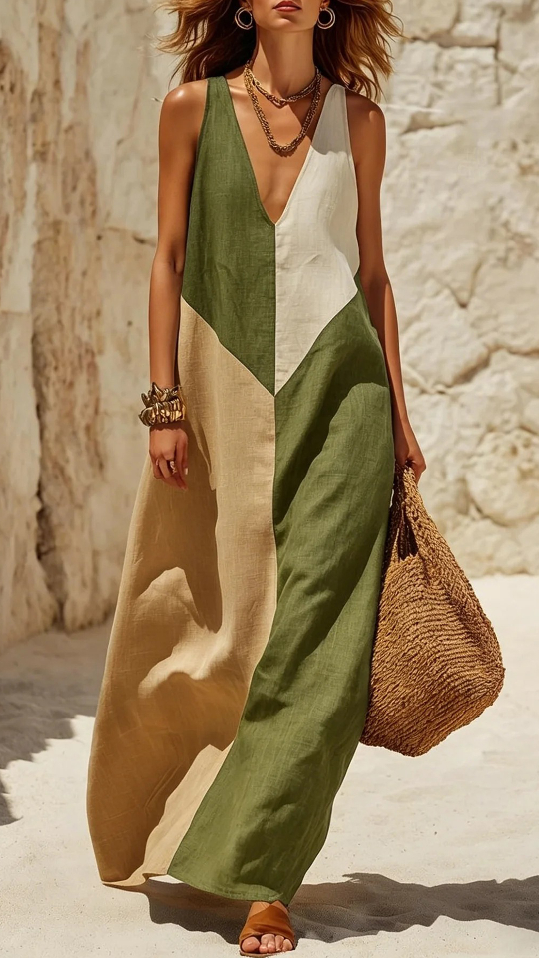 Women's Green & Beige Color Block V-neck Sleeveless Maxi Dress