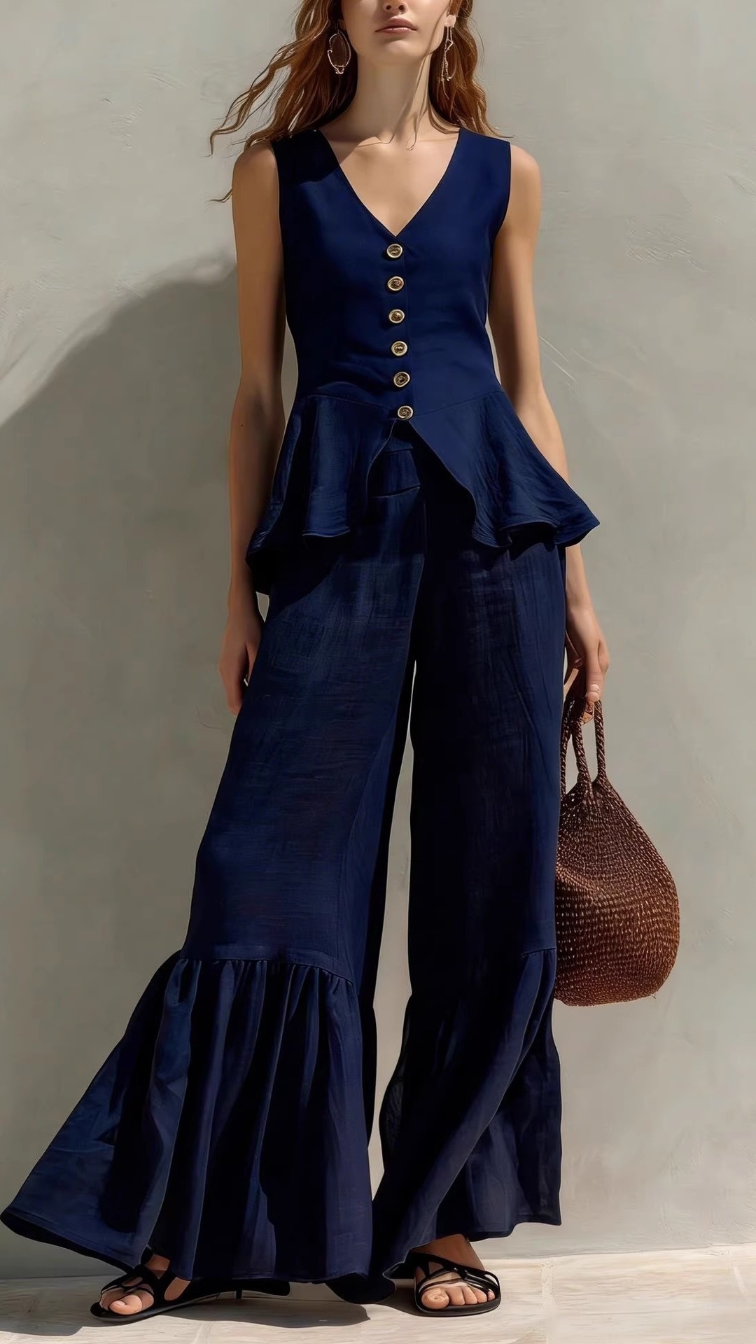 Women's V-Neck Button-Front Top & Linen Ruffled Wide-Leg Pants