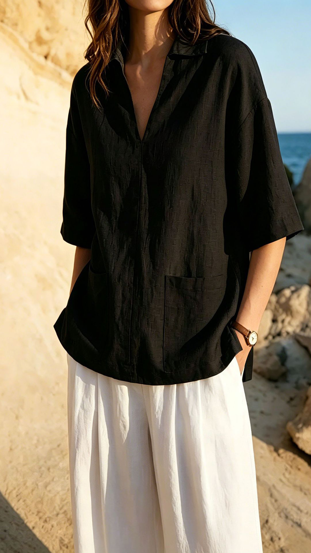 Women's Khaki Collared Mid-sleeve Cotton-blend Blouse