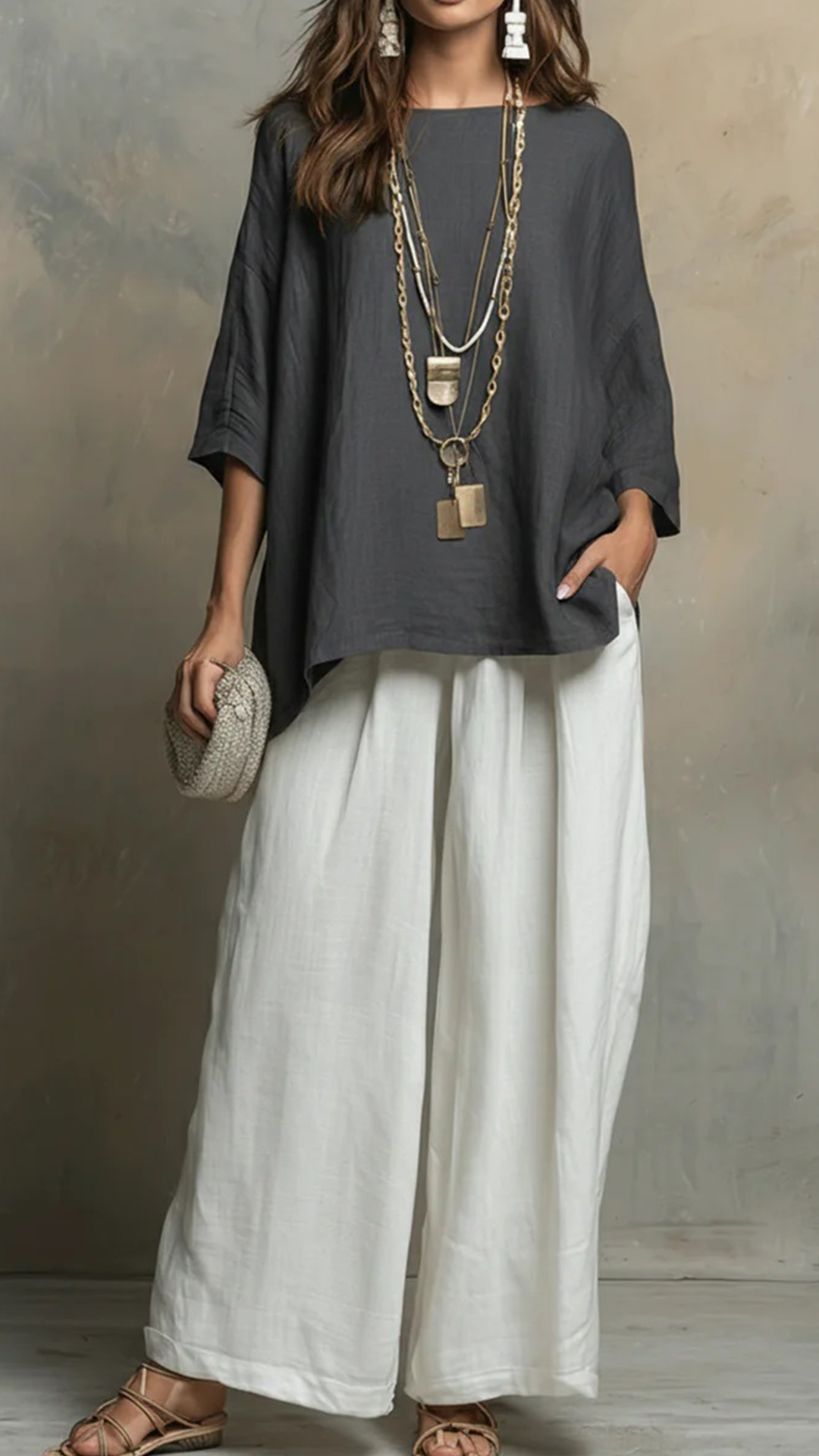 Women's loose-fit linen-blend top and wide-leg trousers set