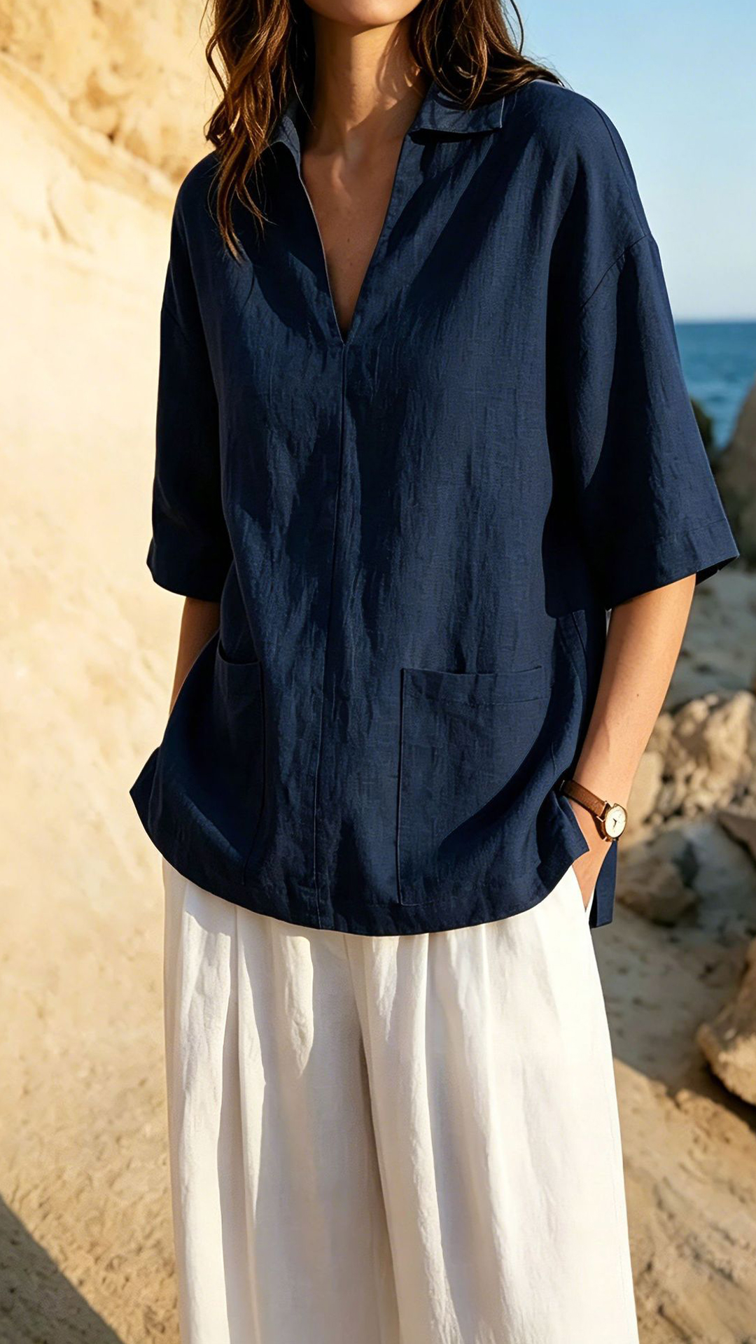 Women's Khaki Collared Mid-sleeve Cotton-blend Blouse