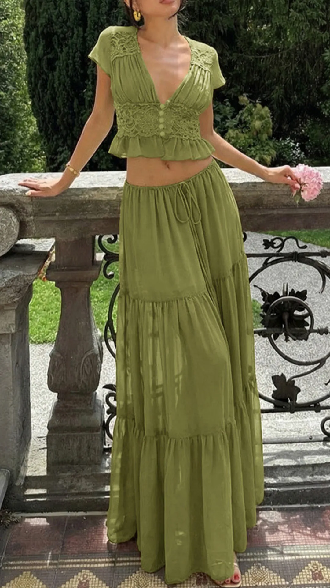 Women's French Olive Green Lace 2 Piece Outfit, Deep V Cropped Top Tiered Maxi Skirt Vacation Set
