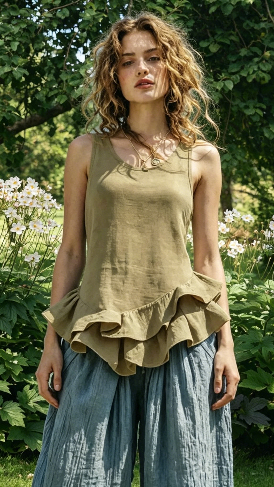 Women's Cotton-Linen Ruffle Sleeveless Vest Top