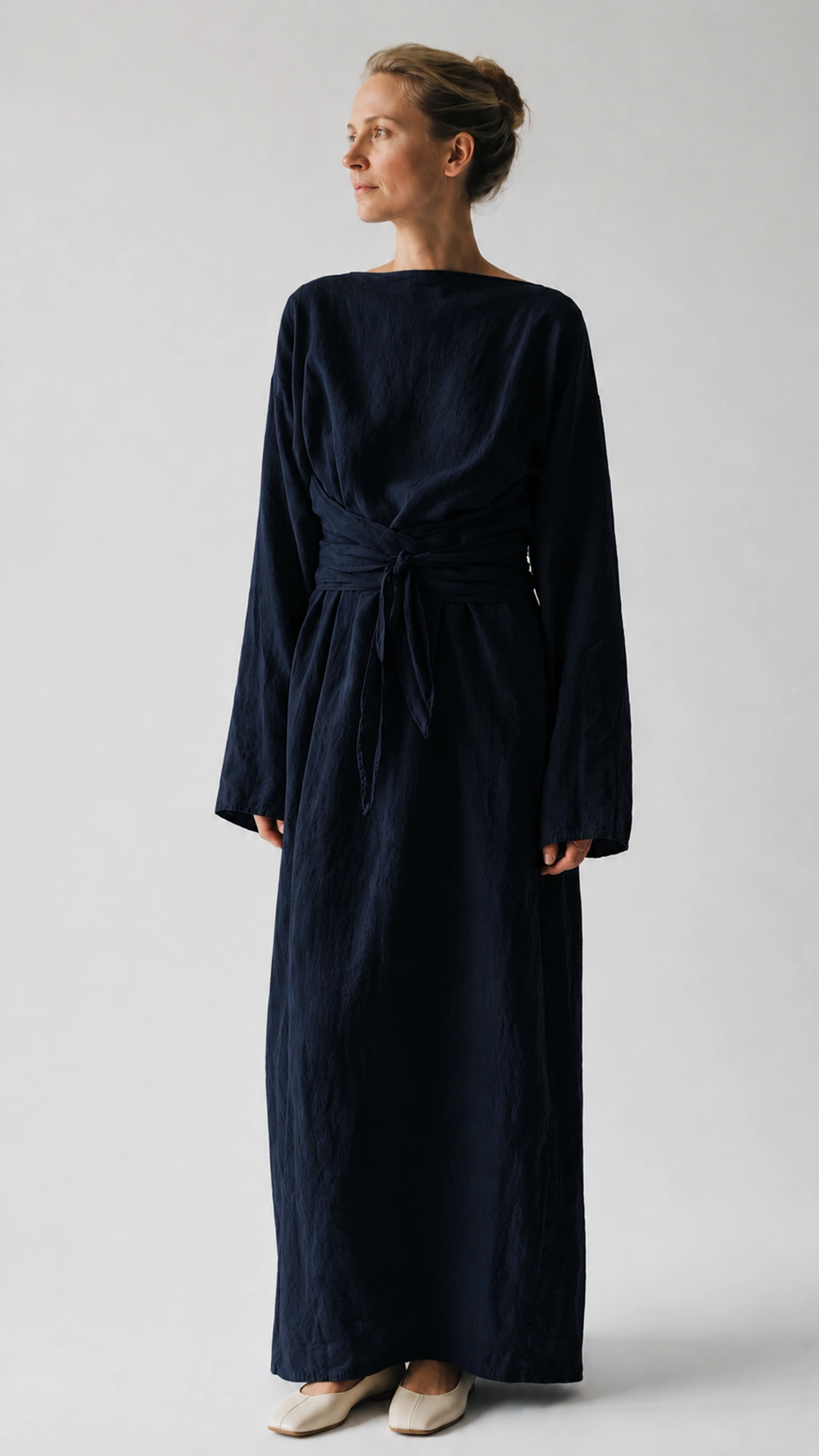 Adjustable Waist Tie Maxi Dress – Elegant Long Sleeve Dress