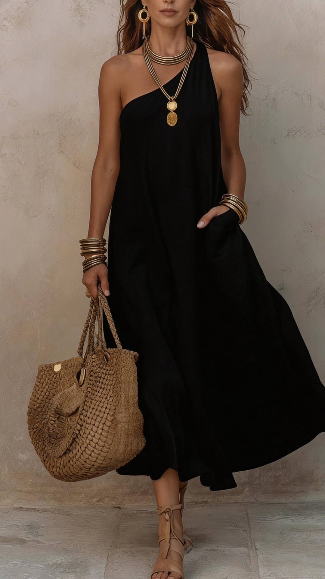 Women's Cotton-Blend One-Shoulder Casual Maxi Dress
