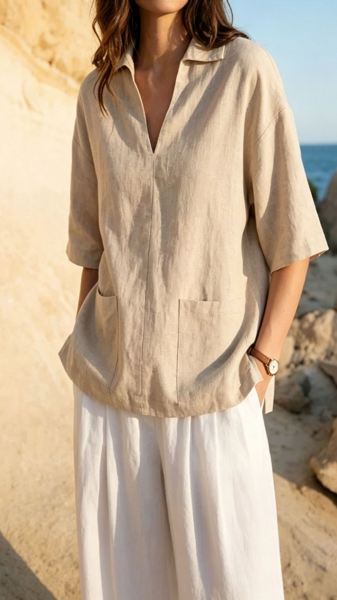 Women's Khaki Collared Mid-sleeve Cotton-blend Blouse