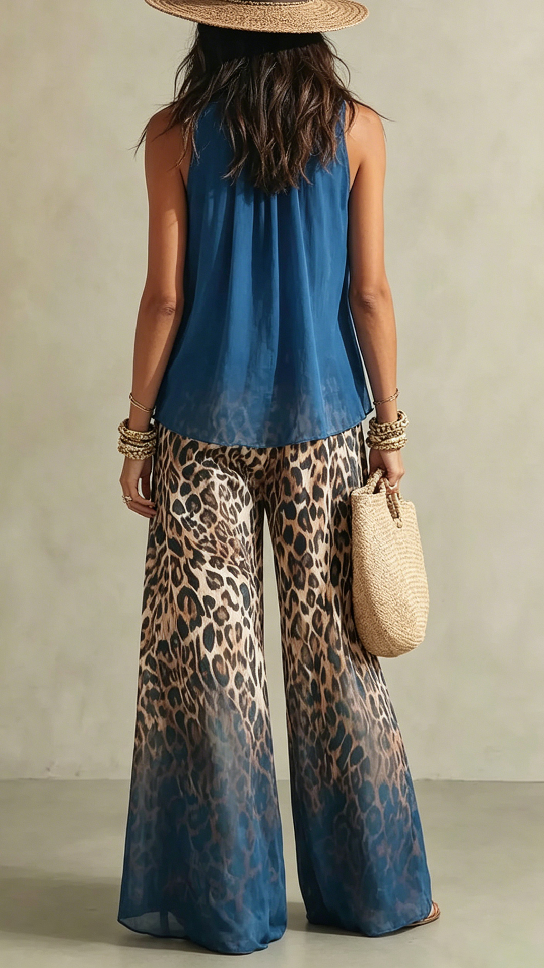 Women's Bohemian Sleeveless Chiffon Top & Leopard Print Wide Leg Pants Set