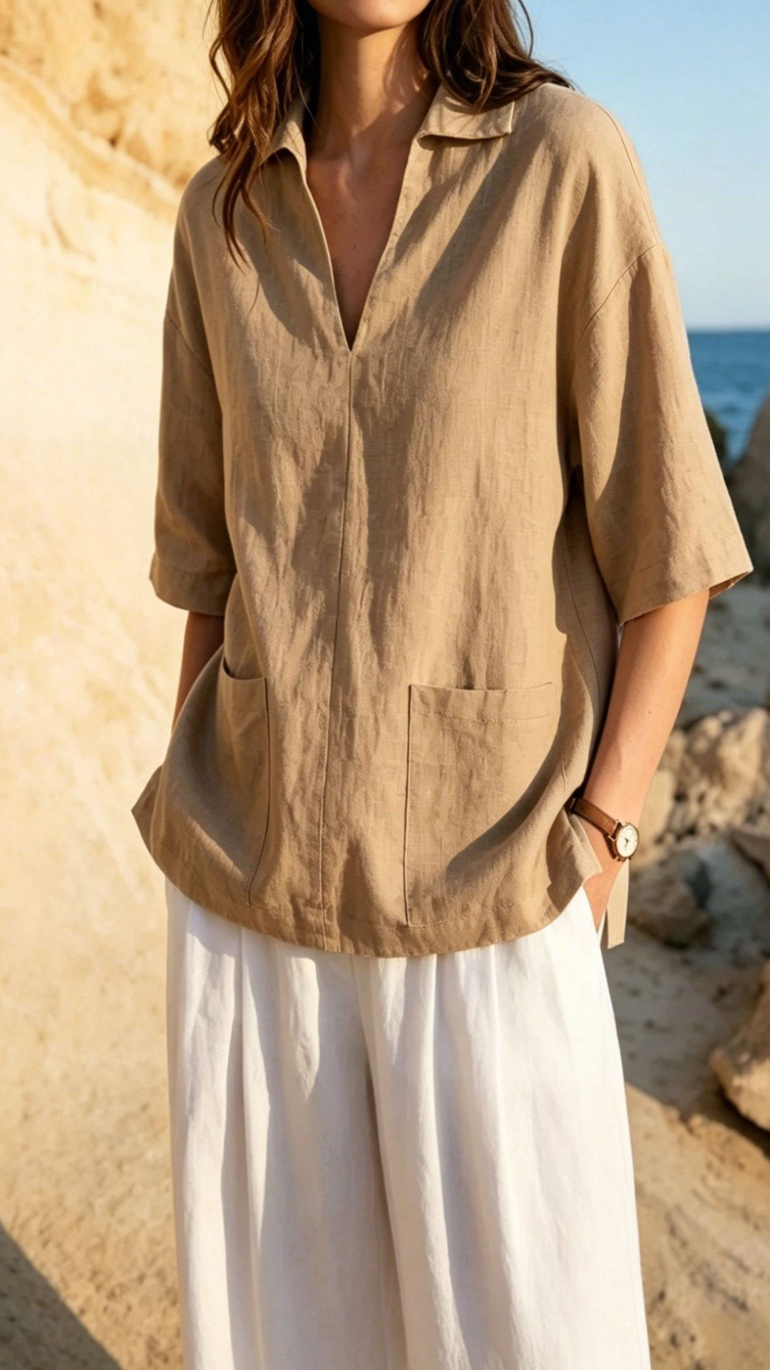 Women's Khaki Collared Mid-sleeve Cotton-blend Blouse