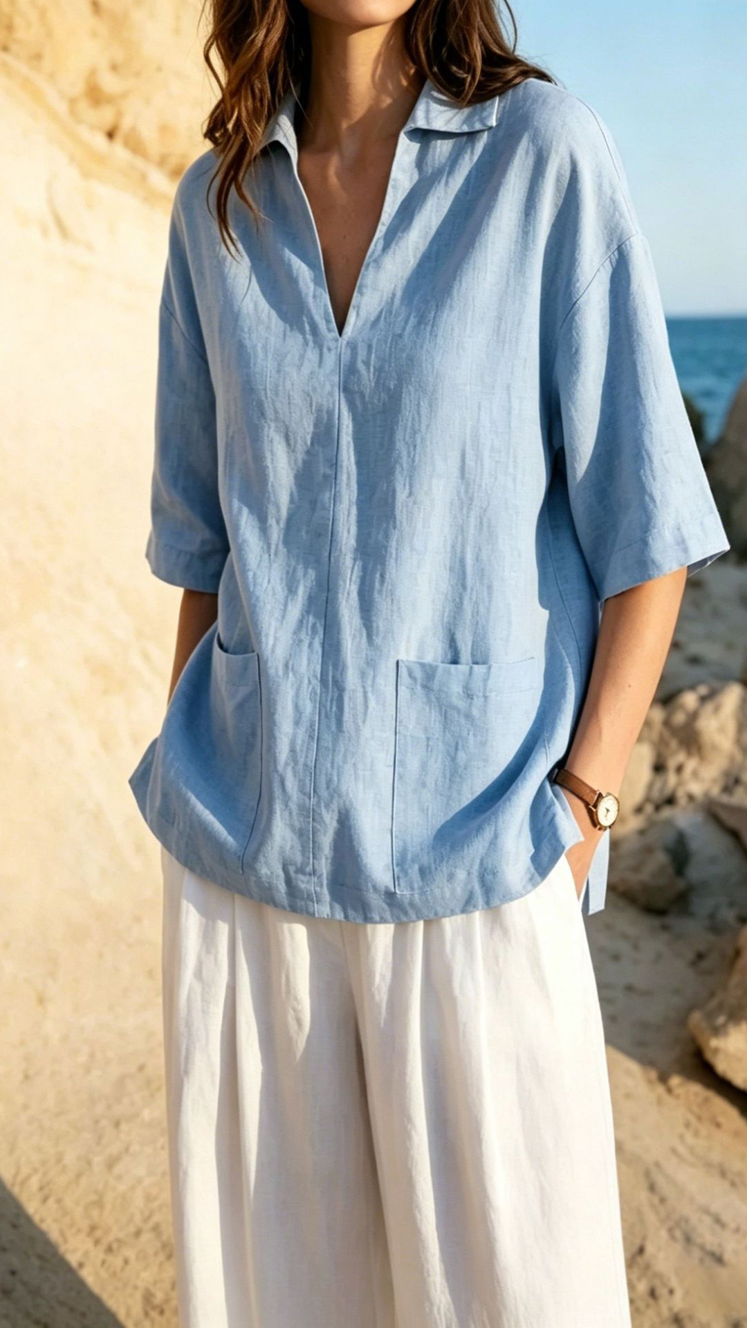 Women's Khaki Collared Mid-sleeve Cotton-blend Blouse