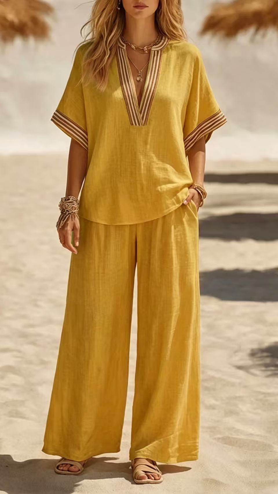 Women's Sleeveless Solid-Color Top and Wide-Leg Pants Two-Piece Set