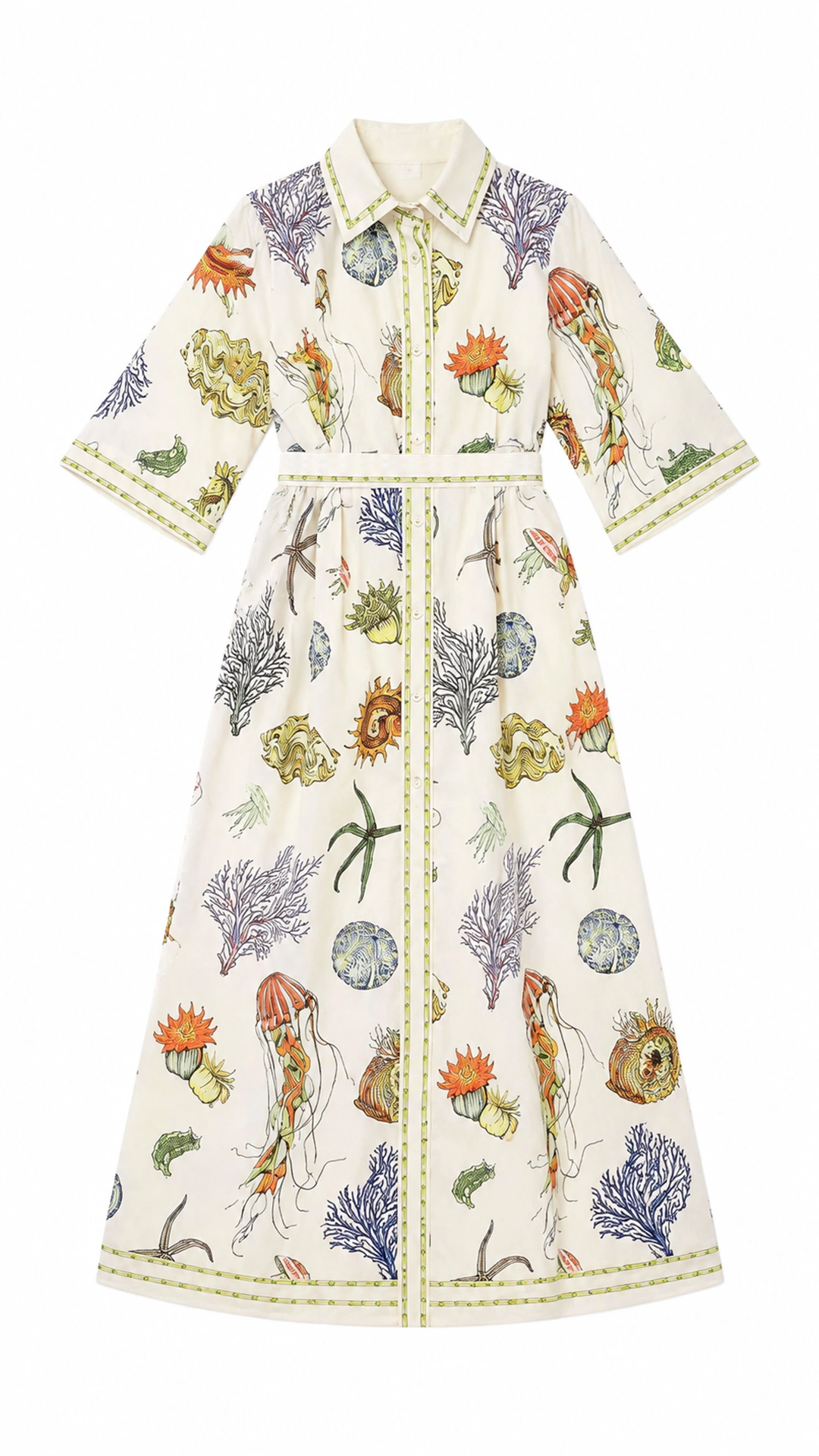 Coastal Print Maxi Dress with Belted Waist