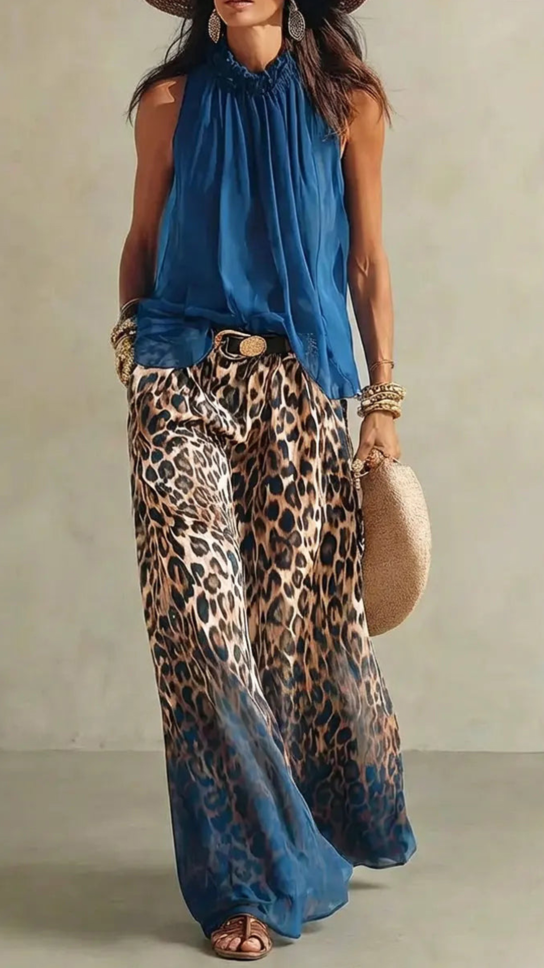 Women's Bohemian Sleeveless Chiffon Top & Leopard Print Wide Leg Pants Set