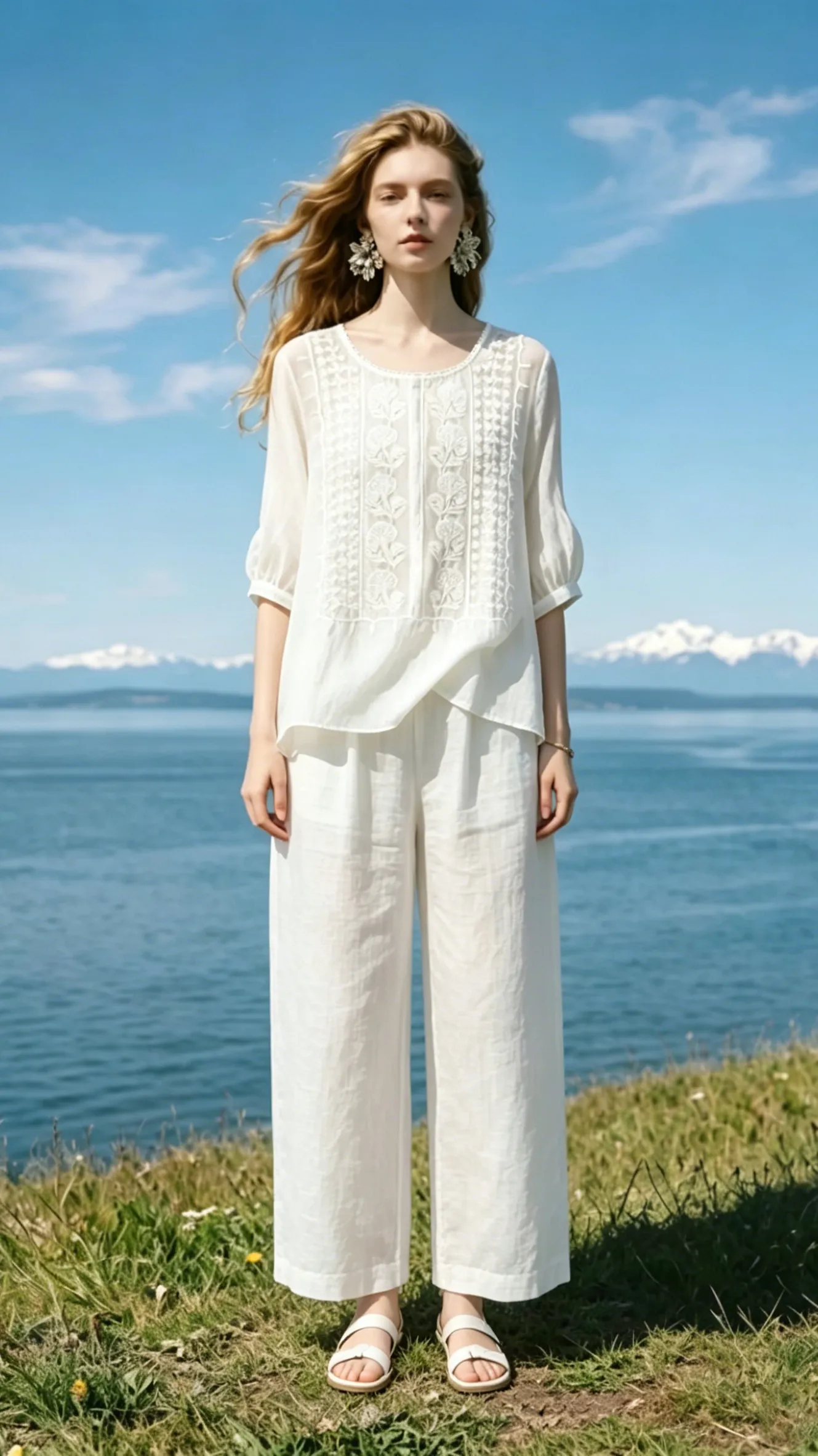 Women's Loose-Fit Cotton-Linen T-Shirt with Elaborate Embroidery-Artsy Vintage Style