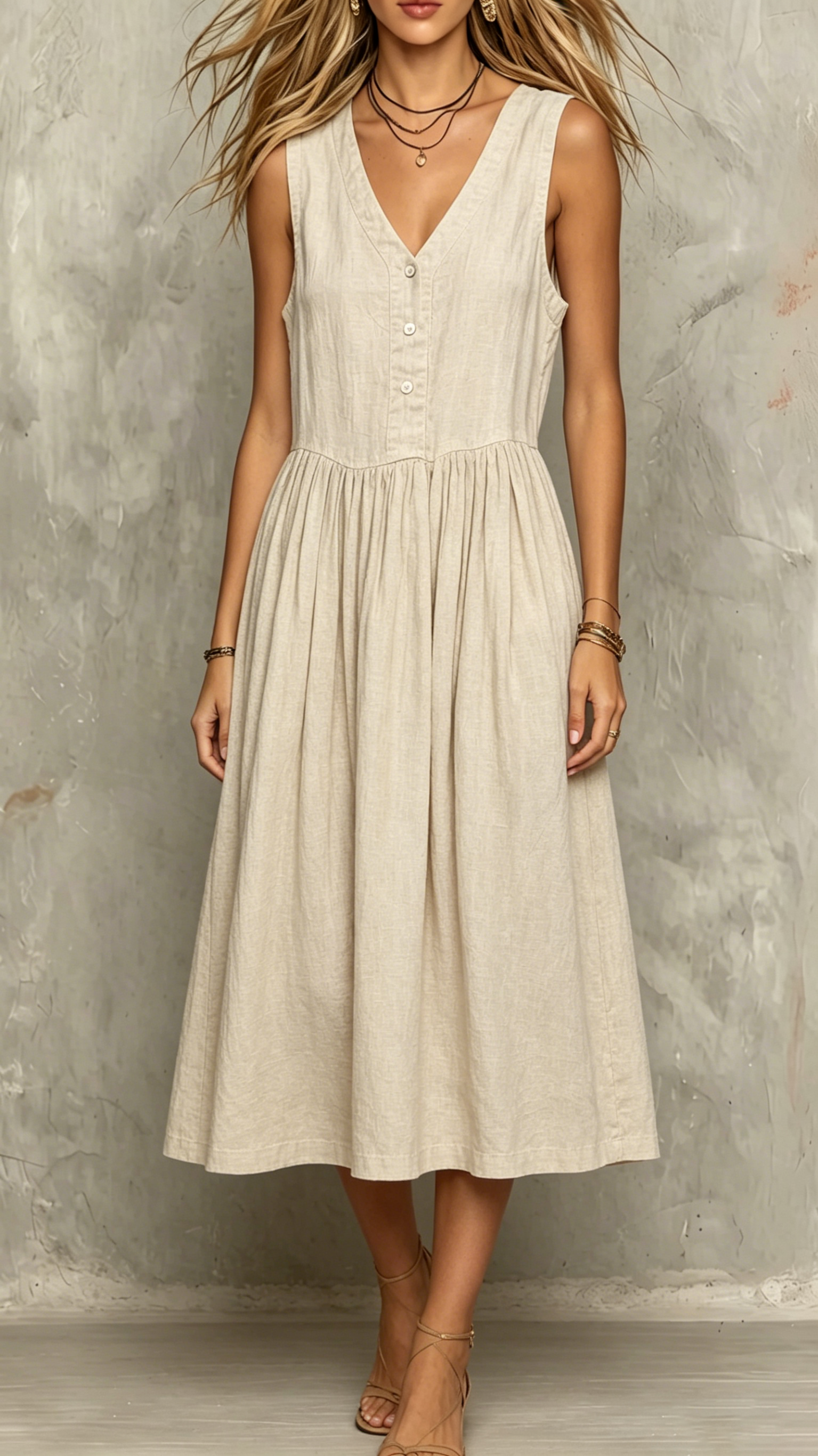 Women's V-Neck Literary-Style Suspender Dress—Sleeveless Linen Dress